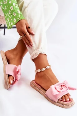 Boto Klapki Damskie Klasyczne*Damskie Klapki Z Materiałową Kokardą Różowe Ginna