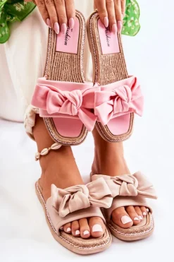 Boto Klapki Damskie Klasyczne*Damskie Klapki Z Materiałową Kokardą Różowe Ginna