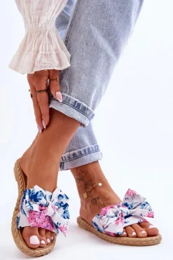 Boto Klapki Damskie Klasyczne*Damskie Klapki Z Materiałową Kokardą Białe Blossom