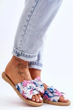 Boto Klapki Damskie Klasyczne*Damskie Klapki Z Materiałową Kokardą Białe Blossom