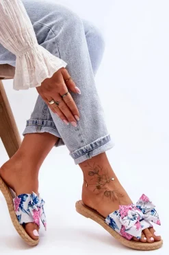 Boto Klapki Damskie Klasyczne*Damskie Klapki Z Materiałową Kokardą Białe Blossom