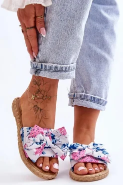 Boto Klapki Damskie Klasyczne*Damskie Klapki Z Materiałową Kokardą Białe Blossom