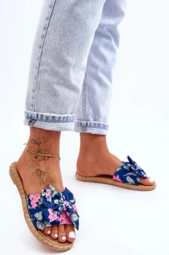 Damskie Boto Damskie Klapki Z Materiałową Kokardą Granatowe Blossom