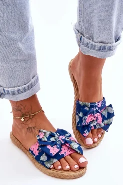 Damskie Boto Damskie Klapki Z Materiałową Kokardą Granatowe Blossom