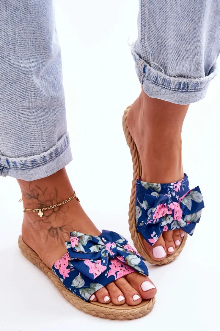 Damskie Boto Damskie Klapki Z Materiałową Kokardą Granatowe Blossom