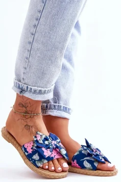 Damskie Boto Damskie Klapki Z Materiałową Kokardą Granatowe Blossom