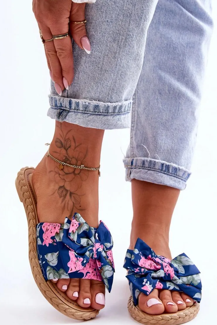 Damskie Boto Damskie Klapki Z Materiałową Kokardą Granatowe Blossom