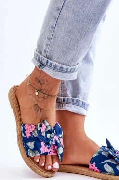 Damskie Boto Damskie Klapki Z Materiałową Kokardą Granatowe Blossom