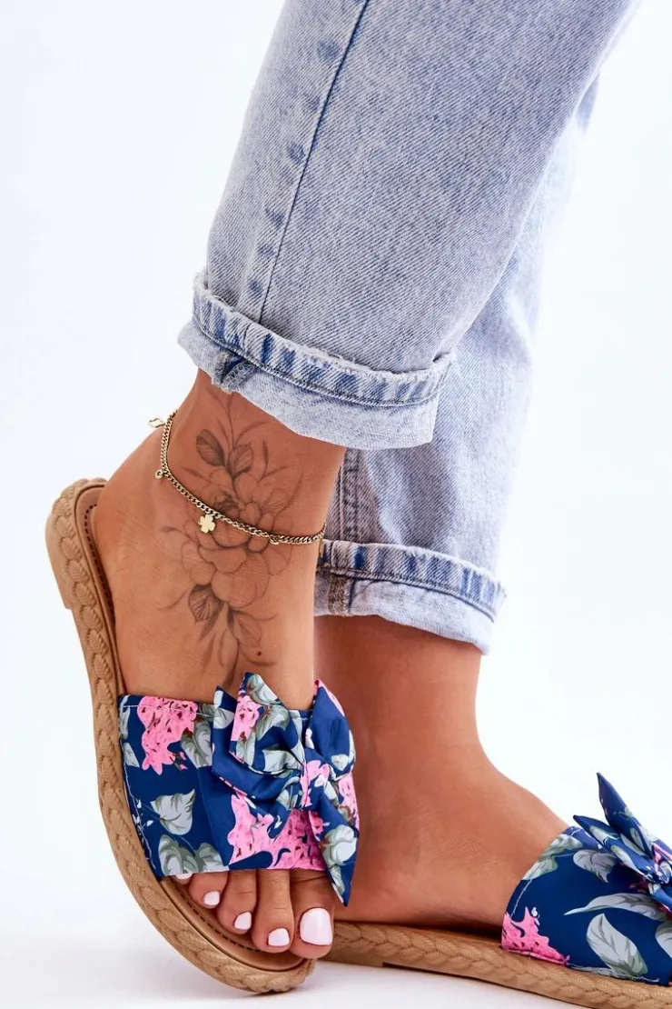 Damskie Boto Damskie Klapki Z Materiałową Kokardą Granatowe Blossom