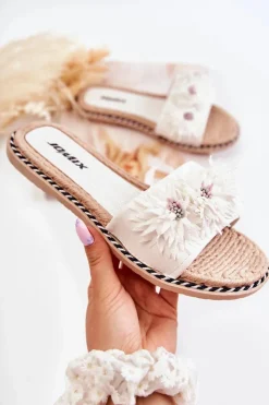 Damskie Boto Damskie Klapki Z Materiałowymi Kwiatami Białe Susana