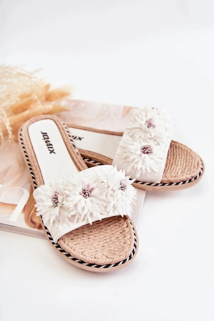 Damskie Boto Damskie Klapki Z Materiałowymi Kwiatami Białe Susana