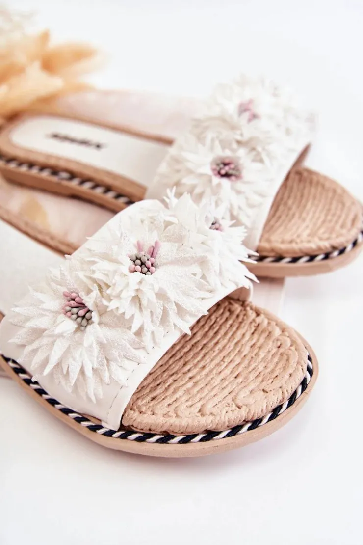 Damskie Boto Damskie Klapki Z Materiałowymi Kwiatami Białe Susana