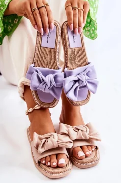 Boto Klapki Damskie Klasyczne*Damskie Klapki Z Materiałową Kokardą Fioletowe Ginna