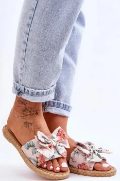 Damskie Boto Damskie Klapki Z Materiałową Kokardą Beżowe Blossom