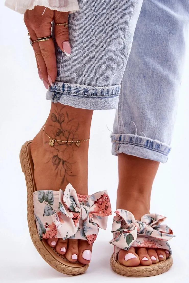 Damskie Boto Damskie Klapki Z Materiałową Kokardą Beżowe Blossom