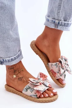 Damskie Boto Damskie Klapki Z Materiałową Kokardą Beżowe Blossom