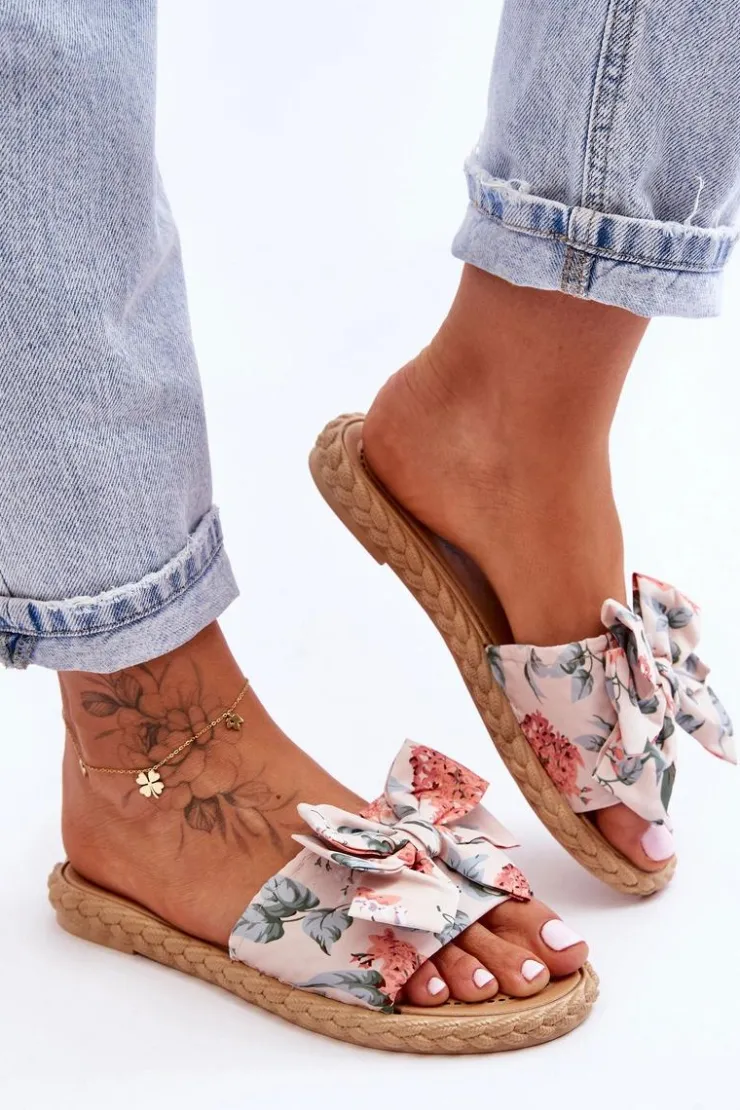 Damskie Boto Damskie Klapki Z Materiałową Kokardą Beżowe Blossom