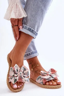 Damskie Boto Damskie Klapki Z Materiałową Kokardą Beżowe Blossom