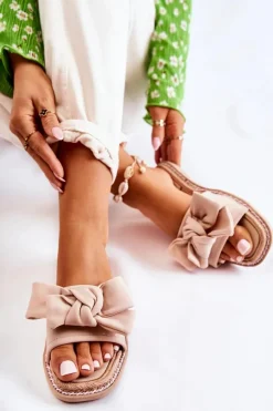 Boto Damskie Klapki Z Materiałową Kokardą Beżowe Ginna