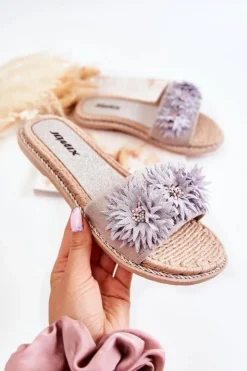 Damskie Boto Damskie Klapki Z Materiałowymi Kwiatami Szare Susana