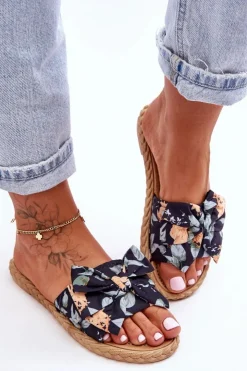 Discount Boto Damskie Klapki Z Materiałową Kokardą Czarne Blossom