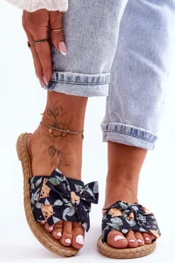 Discount Boto Damskie Klapki Z Materiałową Kokardą Czarne Blossom