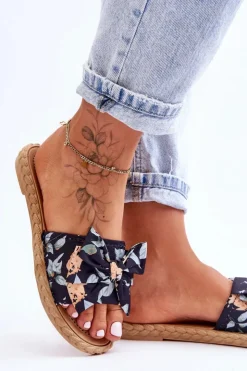 Discount Boto Damskie Klapki Z Materiałową Kokardą Czarne Blossom