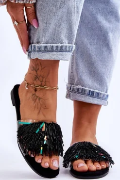 Damskie buty S.Barski Klapki Damskie Klasyczne*Damskie Klapki Z Modnymi Ozdobami S.Barski KV-576-4 Czarne