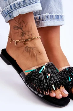 Damskie buty S.Barski Klapki Damskie Klasyczne*Damskie Klapki Z Modnymi Ozdobami S.Barski KV-576-4 Czarne