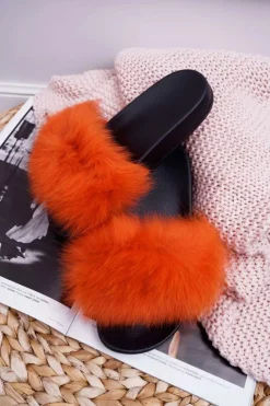 Boto Klapki Z Futerkiem|Klapki Damskie Klasyczne*Damskie Klapki z Naturalnym Futerkiem Pomarańczowe Naturis