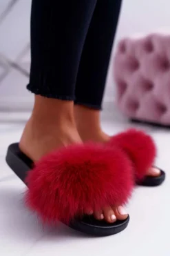 Damskie Boto Damskie Klapki z Naturalnym Futerkiem Czerwone Naturis