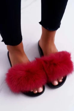 Damskie Boto Damskie Klapki z Naturalnym Futerkiem Czerwone Naturis