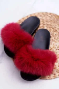 Damskie Boto Damskie Klapki z Naturalnym Futerkiem Czerwone Naturis