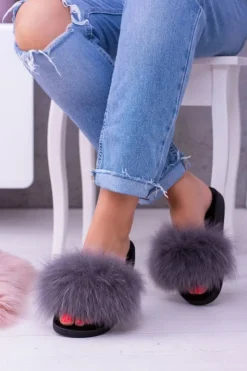 Damskie Boto Damskie Klapki z Naturalnym Futerkiem Szare Naturis