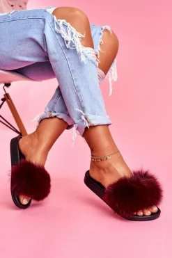 Damskie Boto Damskie Klapki z Naturalnym Futerkiem Ciemno Czerwone Naturis