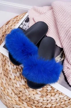 Damskie Boto Damskie Klapki z Naturalnym Futerkiem Szafirowe Naturis