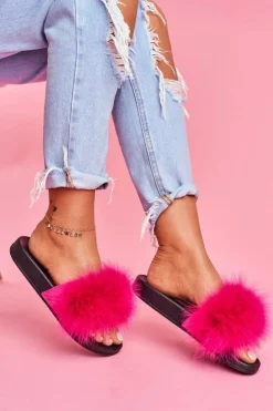 Best Boto Damskie Klapki z Naturalnym Futerkiem Fuksja Naturis