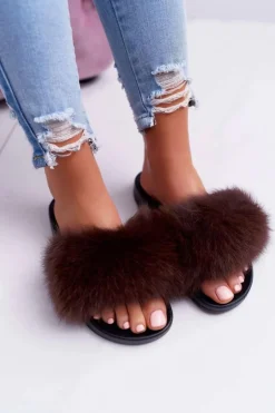 Hot Boto Damskie Klapki z Naturalnym Futerkiem Coffee Naturis