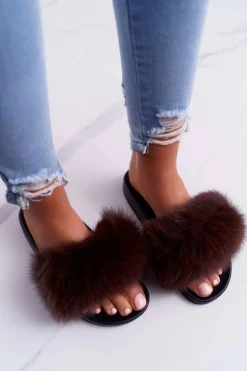 Hot Boto Damskie Klapki z Naturalnym Futerkiem Coffee Naturis