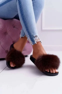 Hot Boto Damskie Klapki z Naturalnym Futerkiem Coffee Naturis