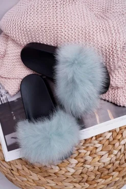 Clearance Boto Damskie Klapki z Naturalnym Futerkiem Miętowe Naturis