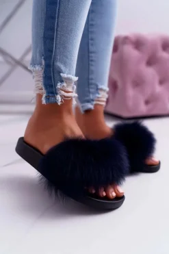 Boto Klapki Z Futerkiem|Klapki Damskie Klasyczne*Damskie Klapki z Naturalnym Futerkiem Granatowe Naturis