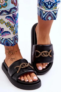 Damskie Boto Damskie Klapki Z Ozdobą Czarne Verso