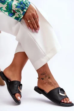 Boto Klapki Damskie Klasyczne*Damskie Klapki Z Ozdobą Czarne Sherry