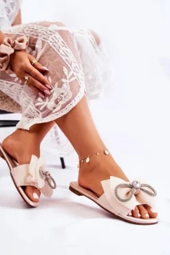 Boto Klapki Damskie Klasyczne*Damskie Klapki Z Ozdobną Kokardą Beżowe Calerine