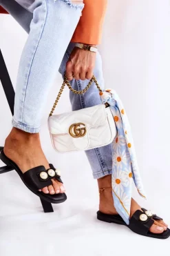 Boto Klapki Damskie Klasyczne*Damskie Klapki Z Ozdobnymi Perełkami Czarne Tacoma