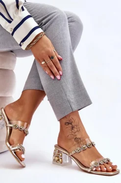 Damskie buty S.Barski Klapki Na Obcasie|Klapki Damskie Klasyczne*Damskie Klapki Z Ozdobnymi Cyrkoniami Złote Leyla