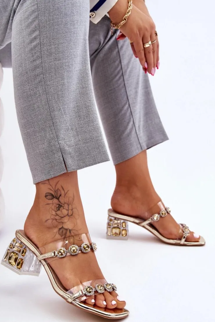 Damskie buty S.Barski Klapki Na Obcasie|Klapki Damskie Klasyczne*Damskie Klapki Z Ozdobnymi Cyrkoniami Złote Leyla