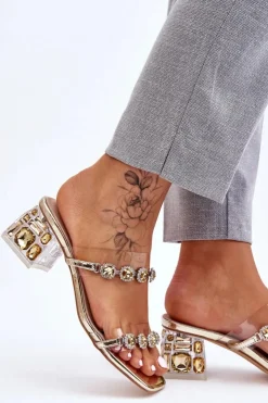 Damskie buty S.Barski Klapki Na Obcasie|Klapki Damskie Klasyczne*Damskie Klapki Z Ozdobnymi Cyrkoniami Złote Leyla