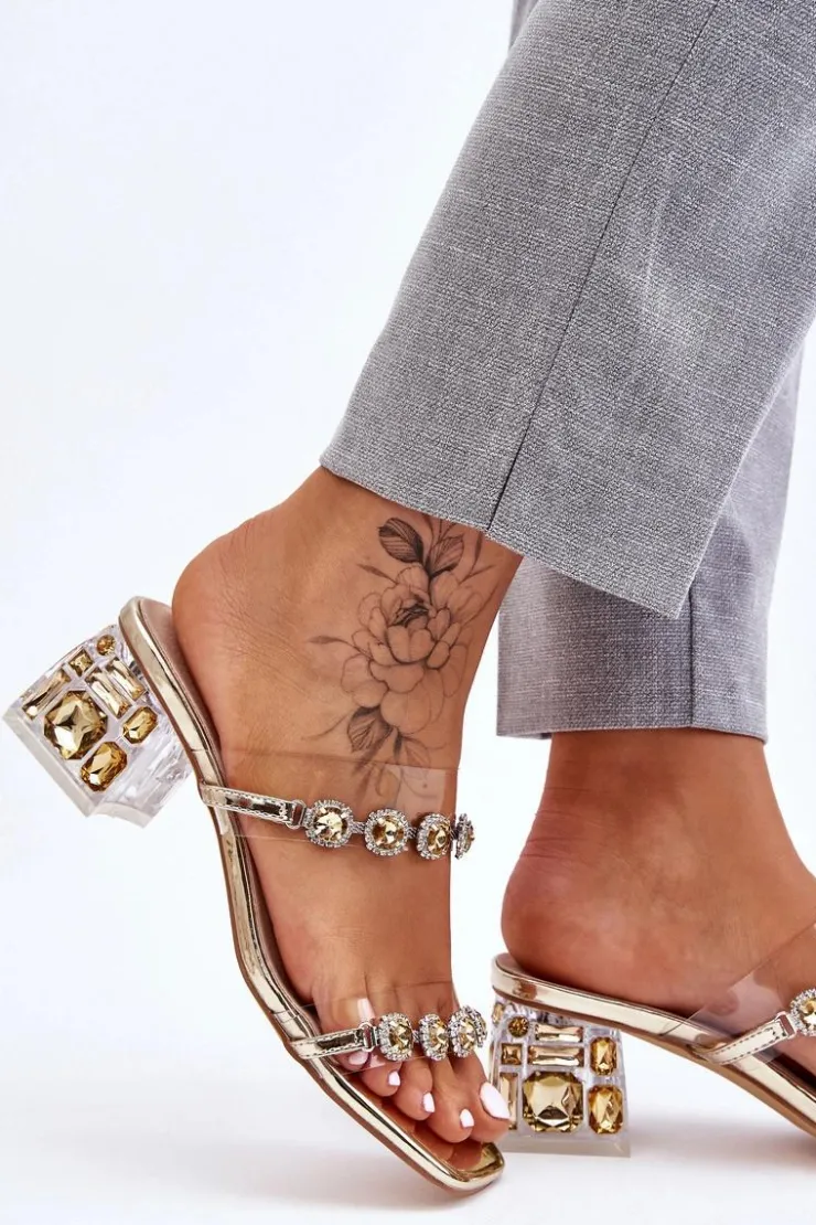 Damskie buty S.Barski Klapki Na Obcasie|Klapki Damskie Klasyczne*Damskie Klapki Z Ozdobnymi Cyrkoniami Złote Leyla